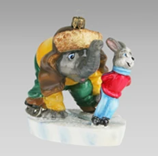 Handcrafted Glass Christmas Ornament "Skating with Elephant and Rabbit