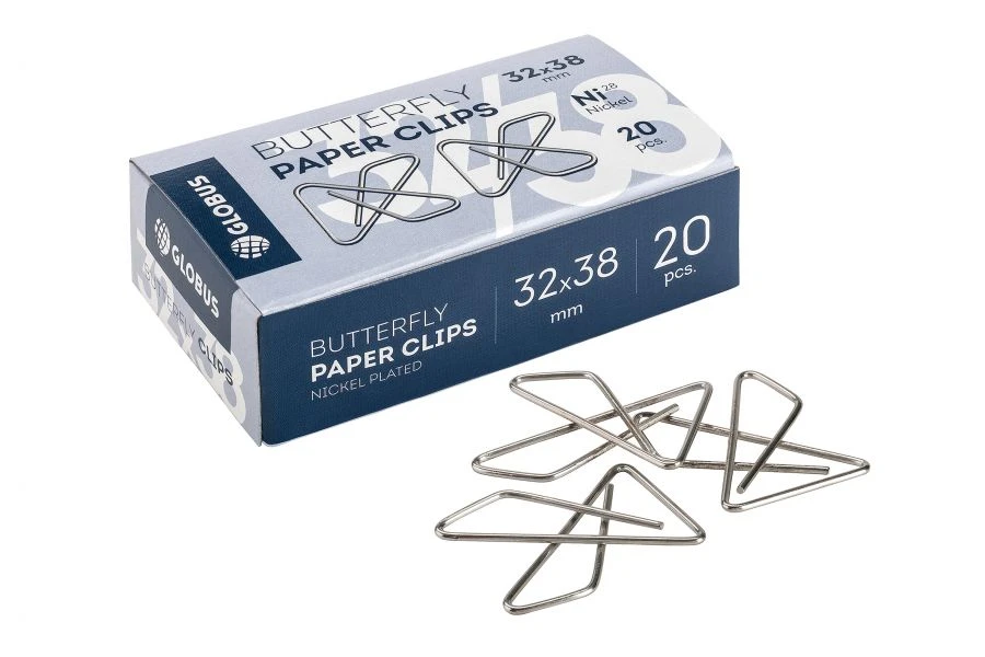 Butterfly Paper Clips L32, 38mm, Nickel-Plated, Pack of 20