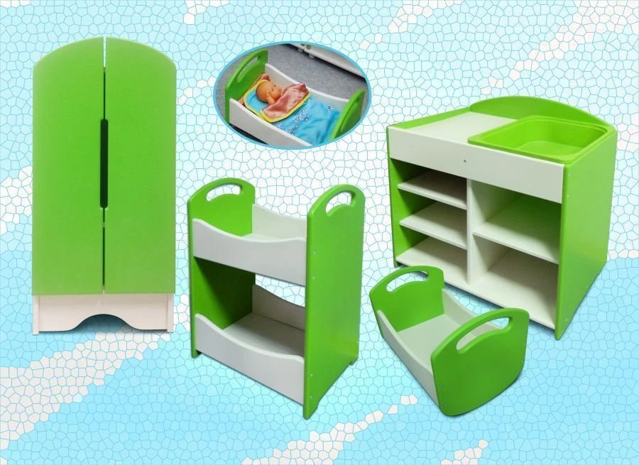 Doll Furniture Set "Anyuta" - Wardrobe, Doll Care Table, Bunk Bed, Cradle