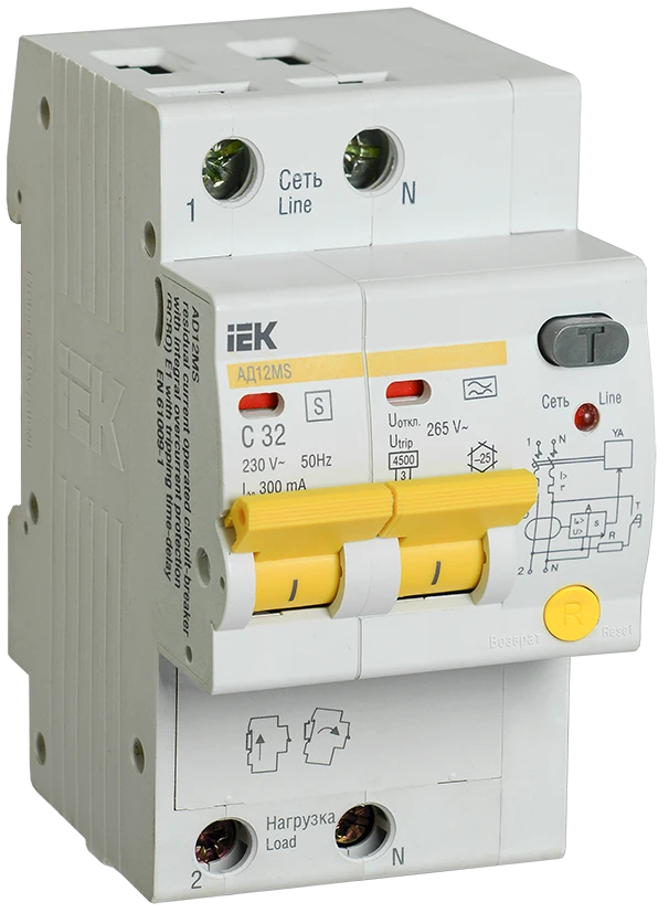 قاطع دائرة تلقائي تفاضلي AD12MS 2P 32A 300mA IEK