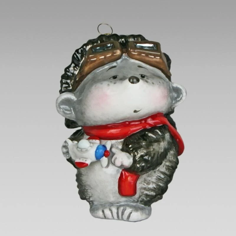 Handmade Glass Christmas Ornament "Hedgehog with Airplane