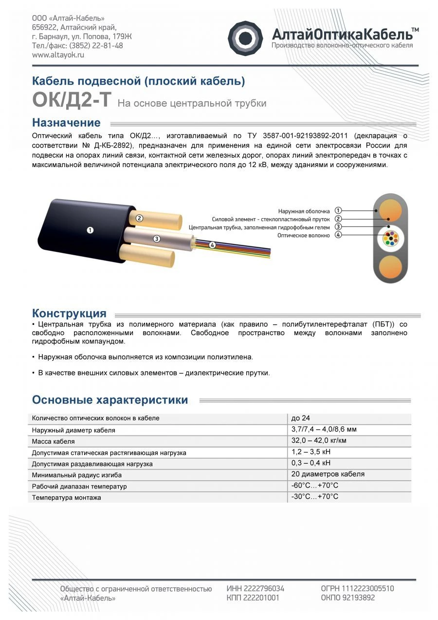 كابل الاتصالات البصرية OK/D2-T للتطبيقات عالية الجهد