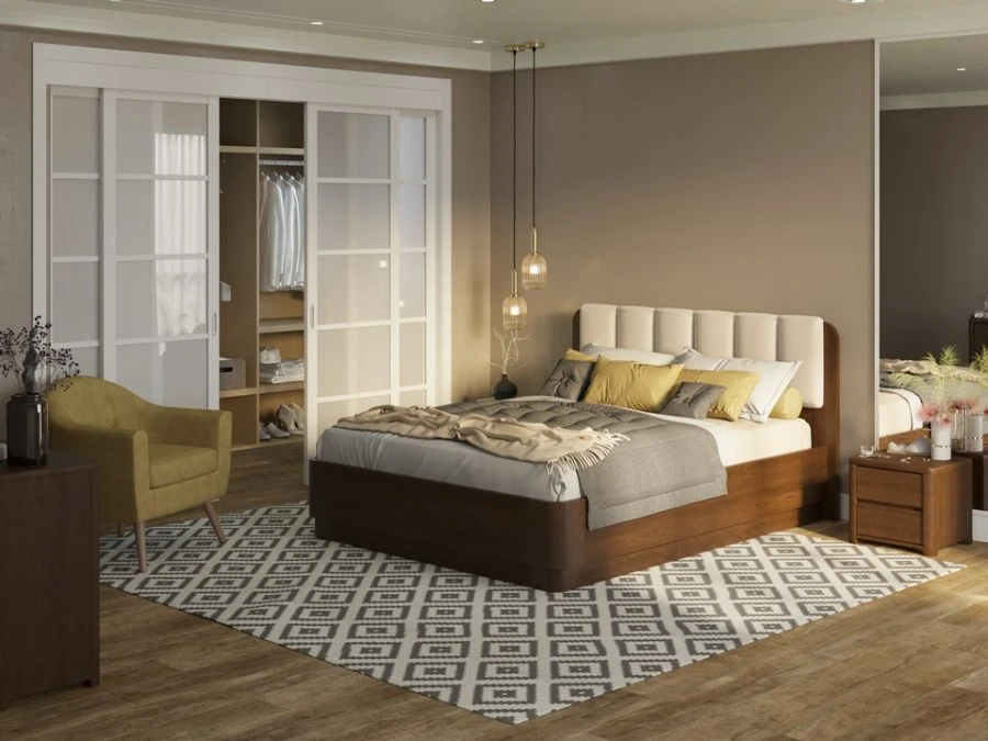 Natural Wooden Bed with Elegant Headboard