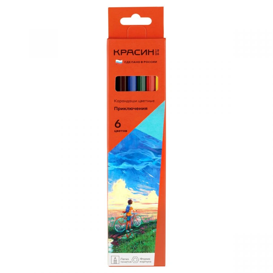 Krasin "Adventures" Colored Pencils, 6 Colors, Pre-Sharpened, Carton Pack