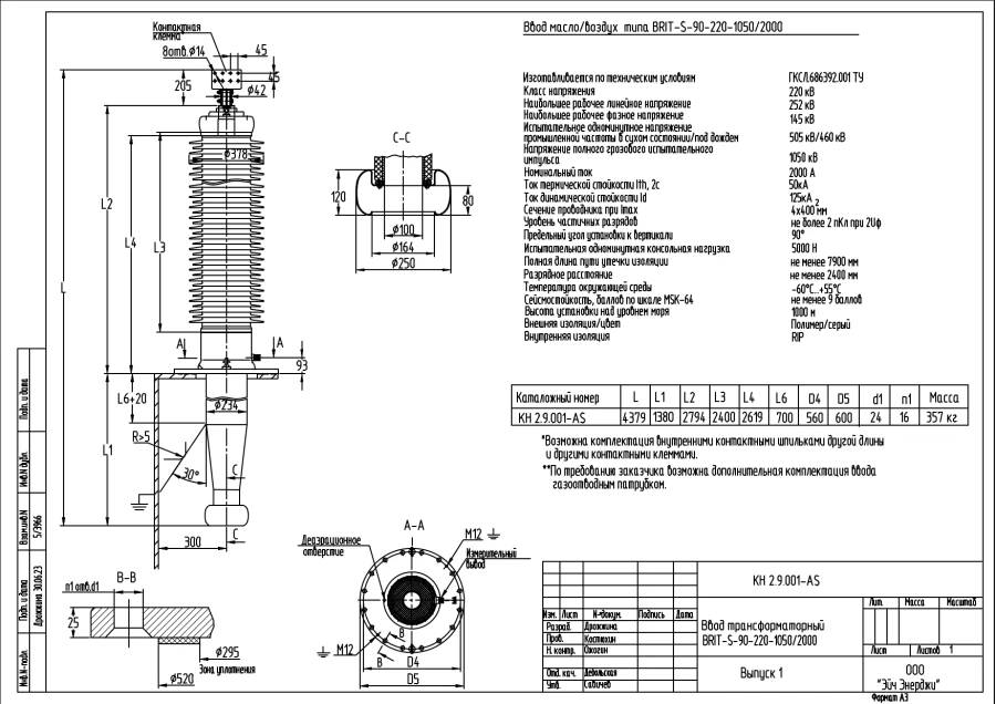 مدخل المحول الكهربائي BRIT-S-90-220-1050/2000 KN