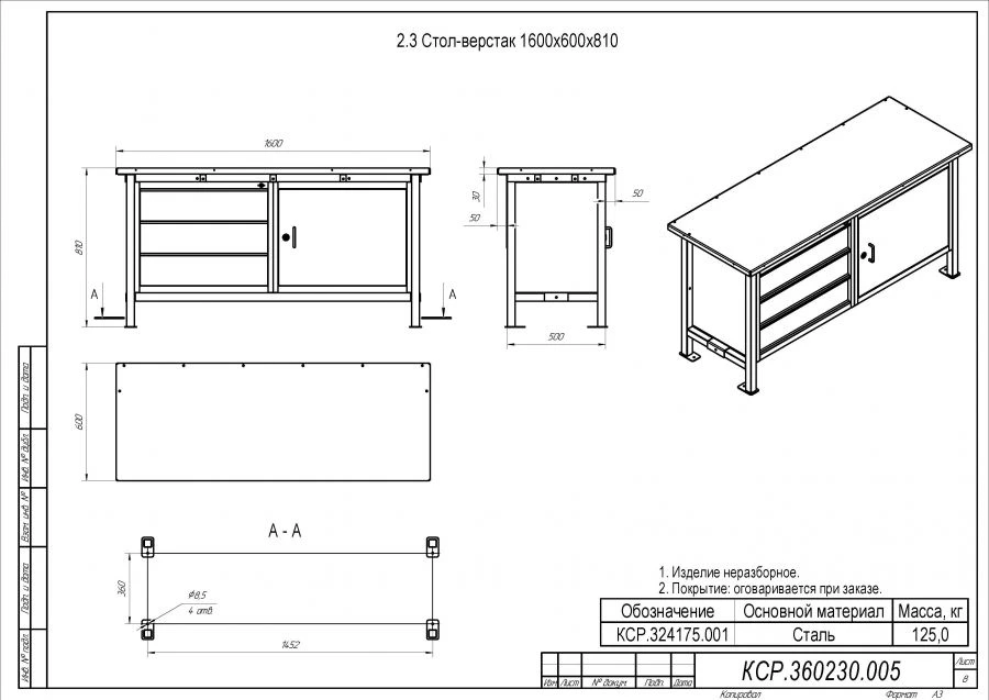 طاولة عمل متخصصة 1600x600x810