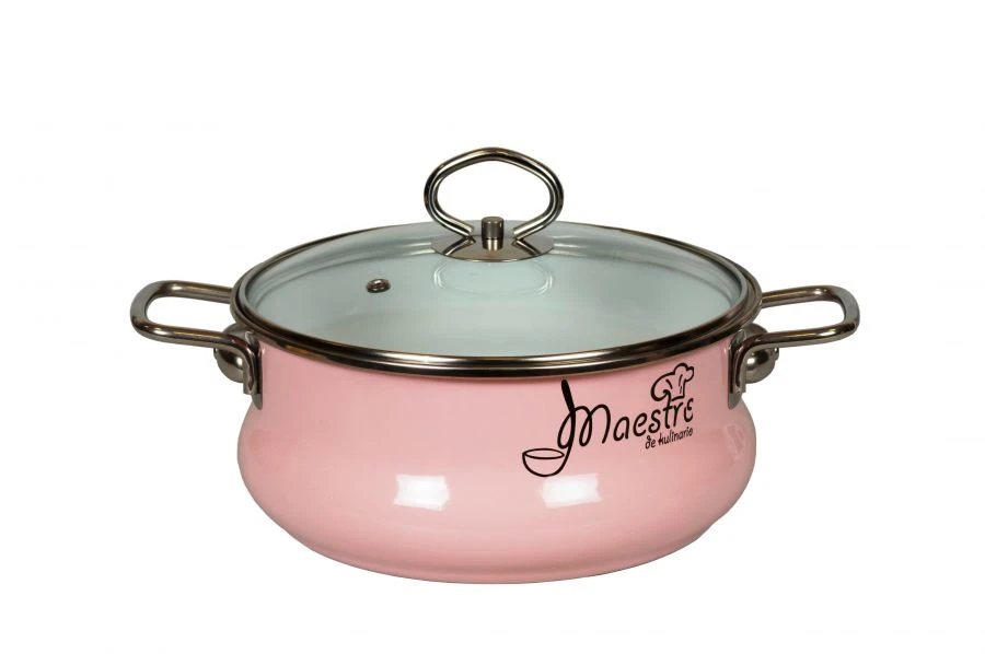 Low Body Enamelled Steel Saucepan with Stainless Steel Handles, 3L