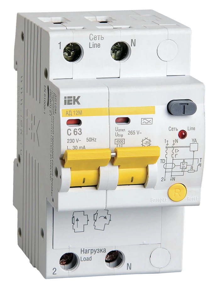 قاطع الدائرة الأوتوماتيكي التفاضلي AD12M 2P C63 30mA IEK