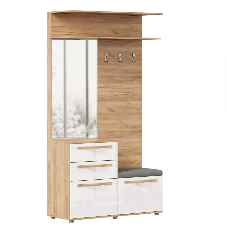 Combined Coat Rack with Mirror - Marta-2 LD.136050.000 (Golden Oak/Glossy White)