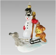Handcrafted Glass Christmas Ornament "Snowman on Sled with Forest Friends