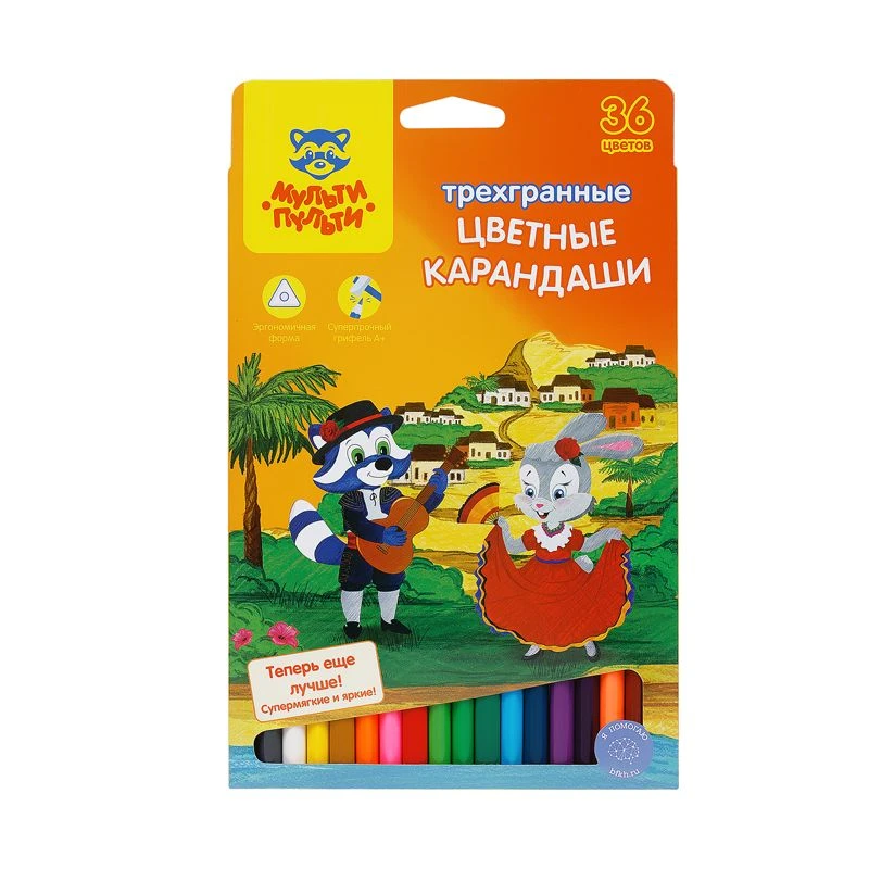 Multi-Pulti Colored Pencils "Raccoon in Spain", 36 Colors, Triangular, Sharpened, Cardboard, Euro Hanger