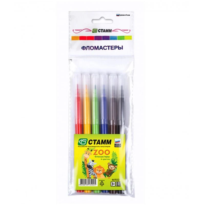 Washable Markers Set "ZOO", 6 Colors, European Hanging Bag