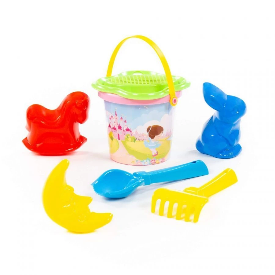 Small Bucket Set with Sticker, Flower Sifter, Scoop #2, Rake #2, Molds (Rabbit + Horse + Moon) - Model 3529