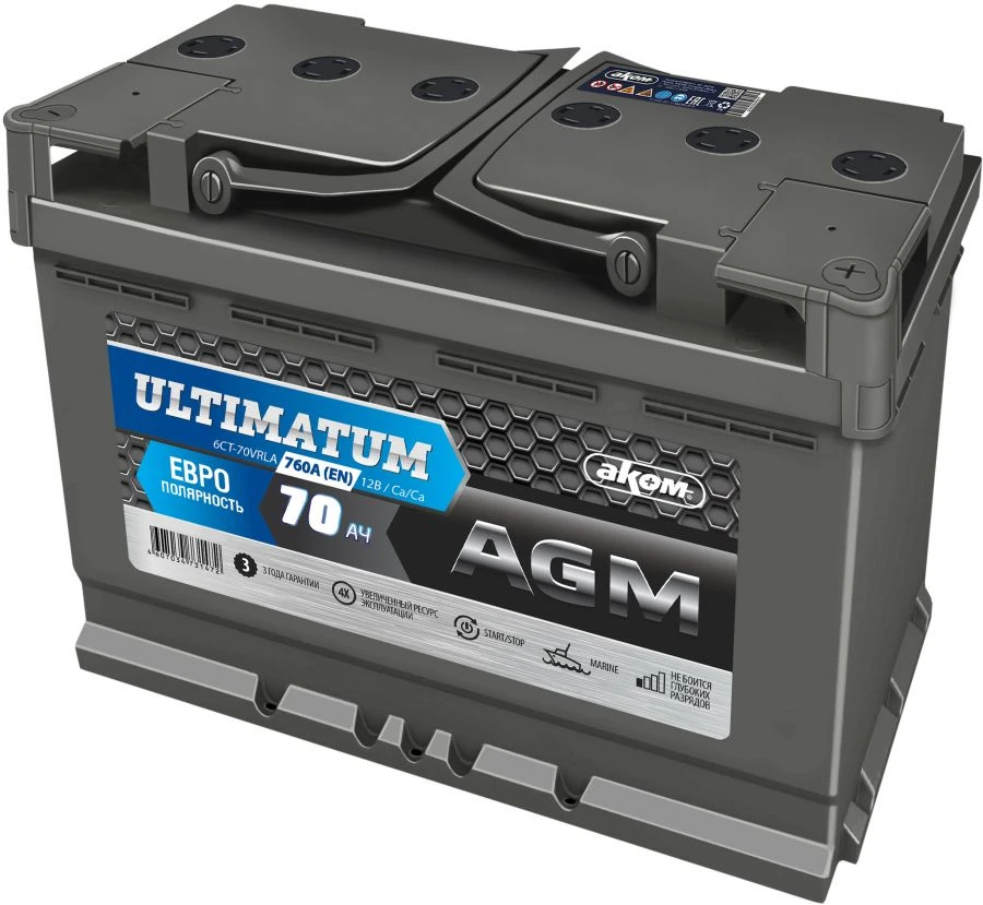 بطارية البدء ULTIMATUM Euro AGM 6ST-70VRLA 12 فولت