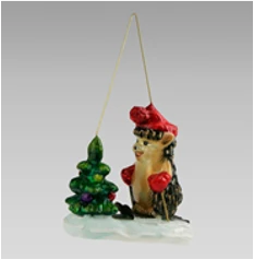 Handcrafted Glass Christmas Ornament "Hedgehog on Skis by the Tree