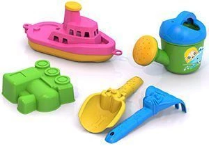 Colorful Sand Play Set No. 50 (Shovel, Transport Mold, Watering Can, Boat, Rake)