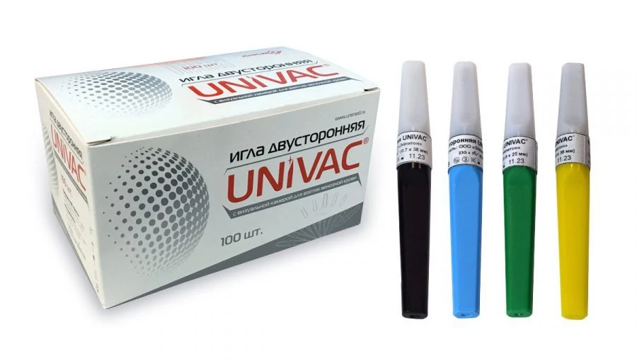 إبرة مزدوجة الجانب "UNIVAC®" مع غرفة بصرية لجمع الدم الوريدي، 0.9x25 مم (20Gx1")