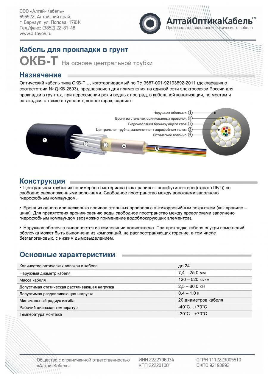 كابل الاتصالات الألياف البصرية OKBng(A)-HF-T