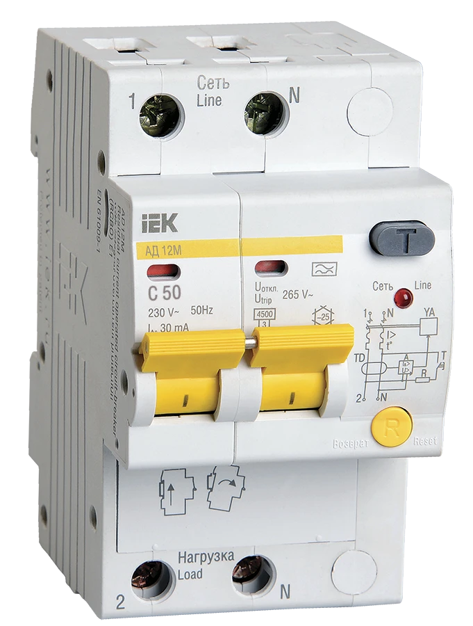 قاطع الدائرة التلقائي التفاضلي AD12M 2P C50 30mA IEK