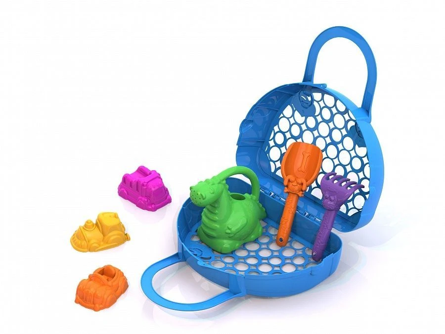 Sand Play Set with 3 Car Molds, Rake, Shovel, Watering Can, and Bag