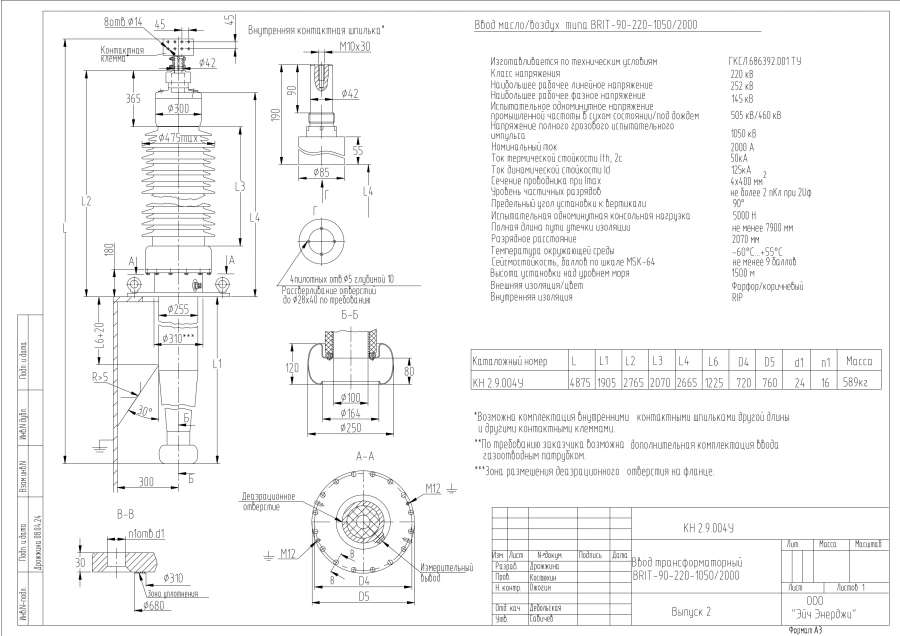مدخل المحول عالي الجهد BRIT-90-220-1050/2000 KN