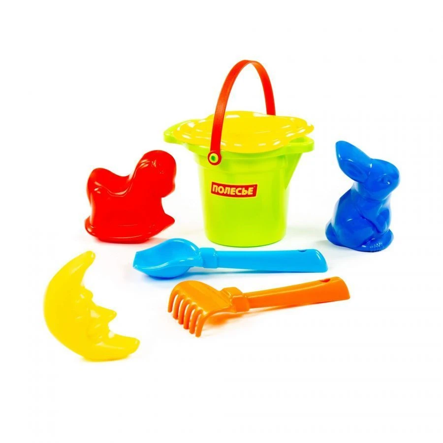 مجموعة دلو صغير مع صنبور، مصفاة زهرة، مجرفة رقم 2، أشواك رقم 2، قوالب (أرنب + حصان + قمر) - كود 2883