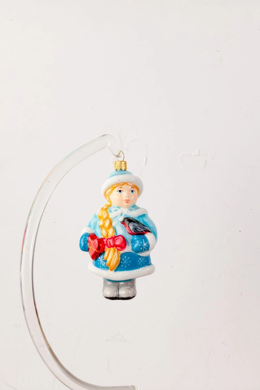 Handcrafted Glass Christmas Ornament "Snow Maiden with Braid and Bullfinch